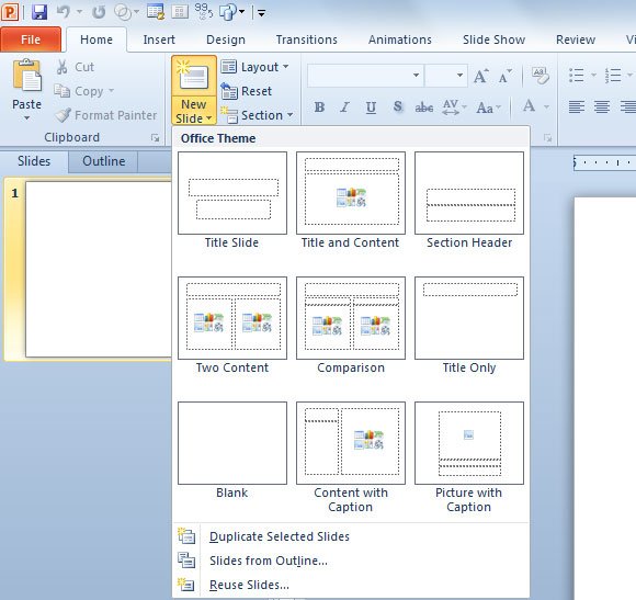 Inserting A New Slide In PowerPoint 2010