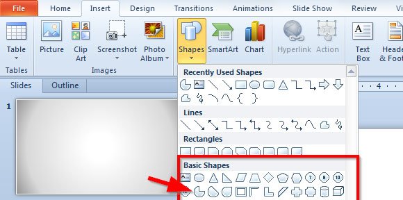 How to Insert a Quarter Circle Shapes in PowerPoint 2010