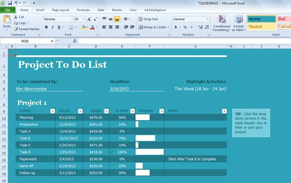 Project Task List Template For Excel 2013