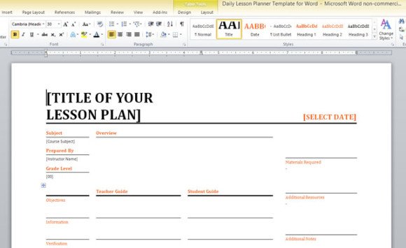 lesson planner template word