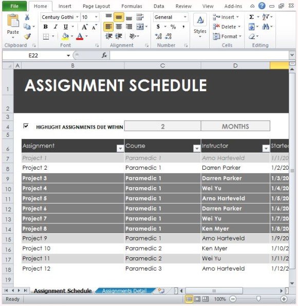 assignment tracking spreadsheet
