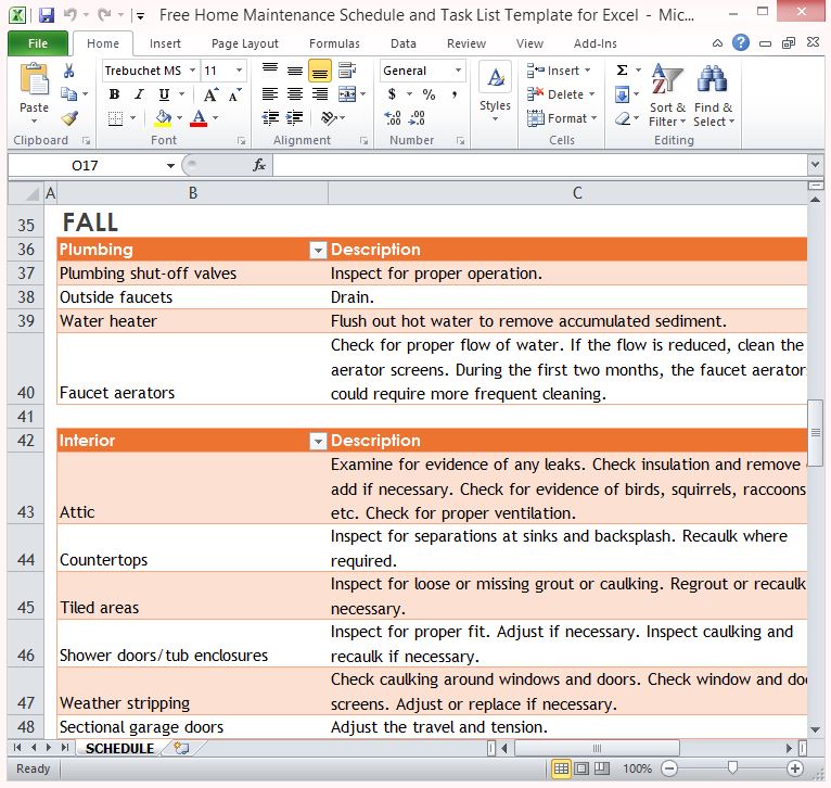 Free Home Maintenance Schedule And Task List Template For Excel