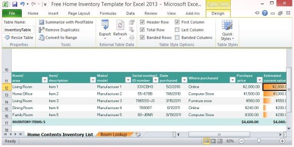 excel home inventory template with pictures