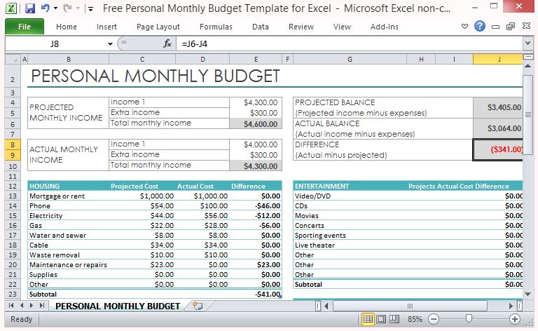 sample personal budget excel sheet