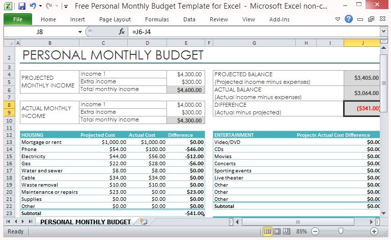 Free Personal Monthly Budget Template For Excel