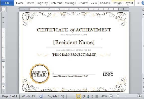 Certificate Of Achievement Template For Word 2013