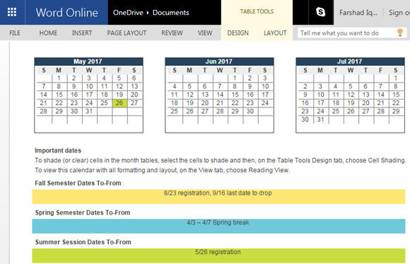 2016-2017 Academic Calendar Template For Word Online