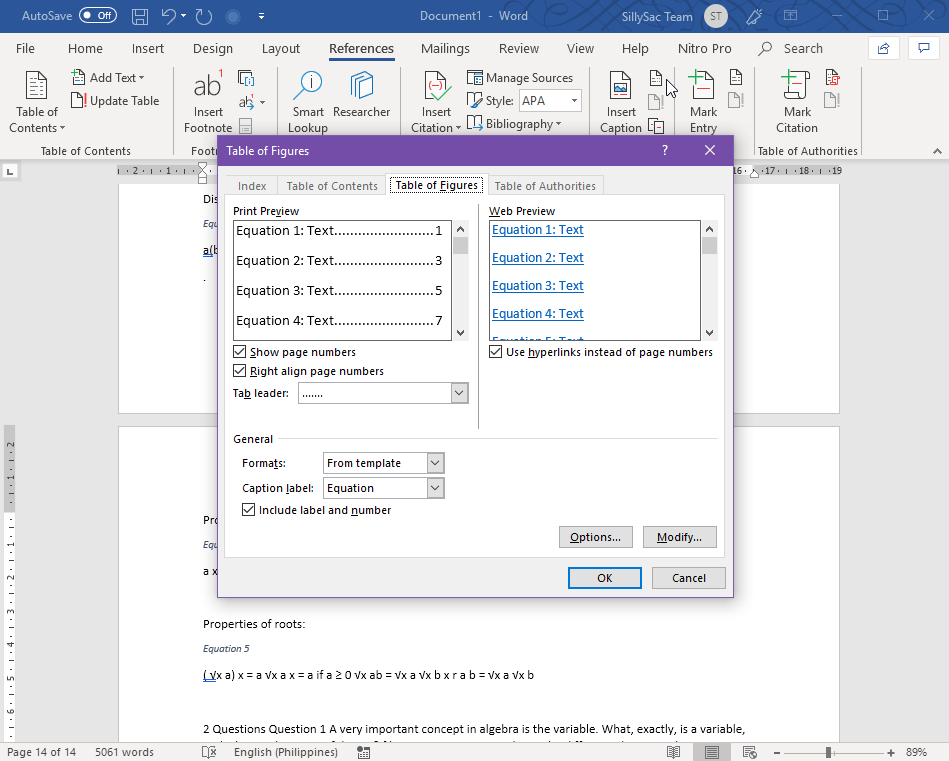 Create Table of Equations under Table of Figures